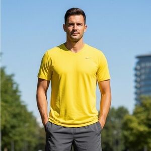 Nike Men’s athletic running drifit short sleeve tee v neck neon yellow Sz XL